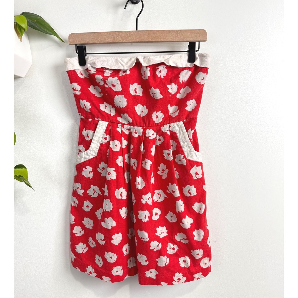 Cope Urban Outfitters Red Floral Strapless Mini Dress Linen Blend Pockets 4 Twee